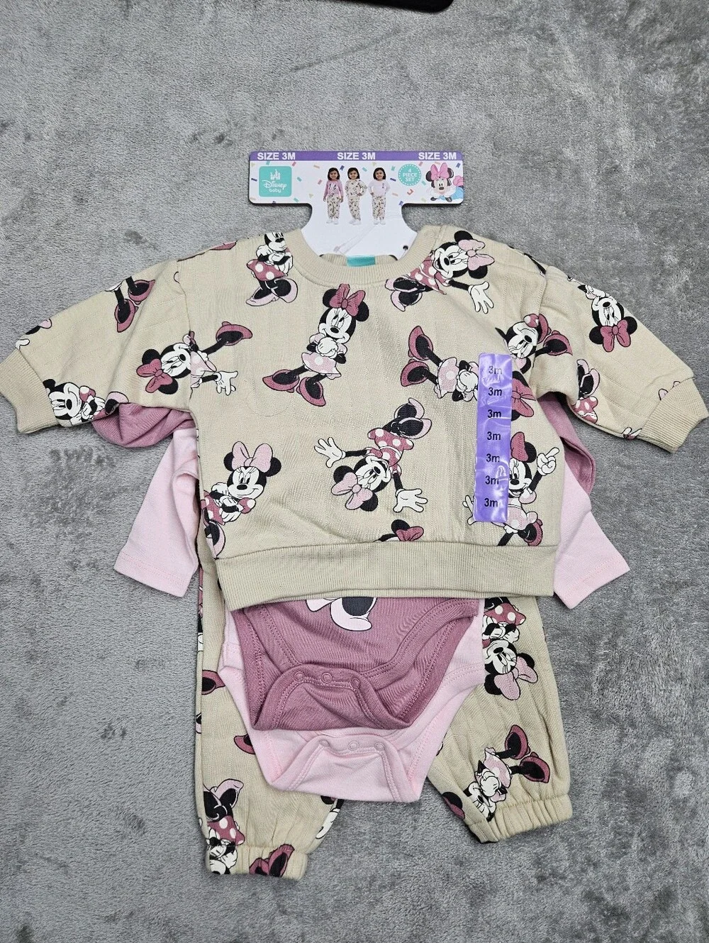 Disney Minnie Mouse 3-Piece Baby Outfit Set, Size 3M Sweatshirt + Bodysuit Pants